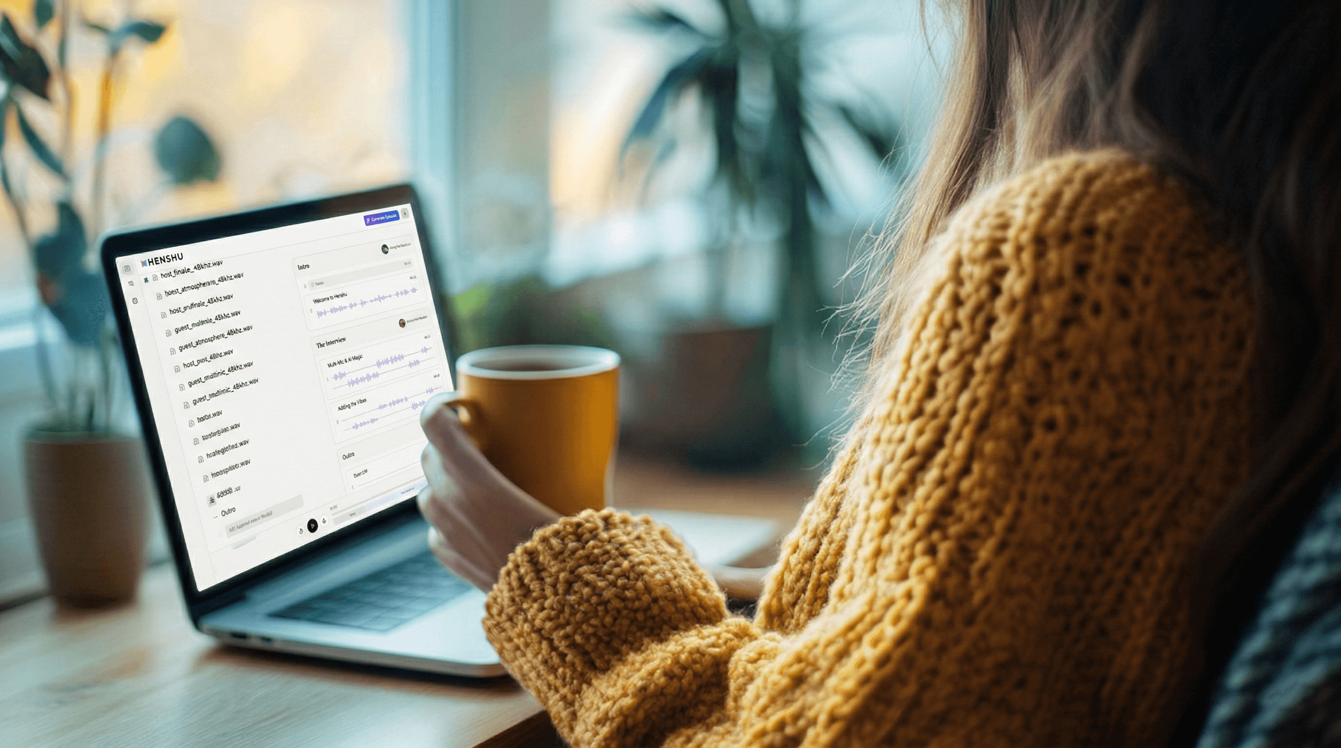 Person working on laptop drinking coffee, waiting for AI enhancement to finish