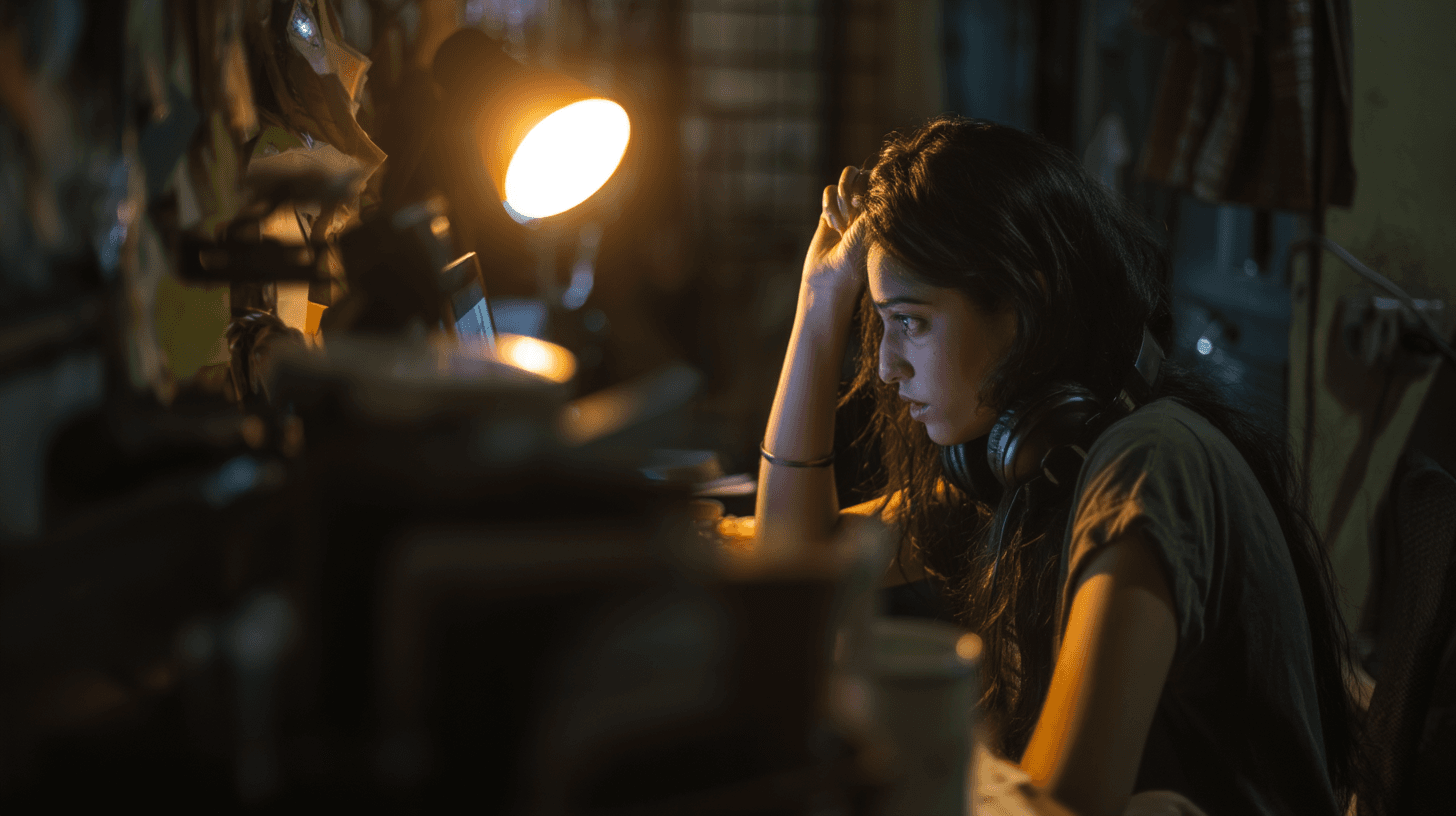 Woman with headphones around her neck hunched over a desk late at night, editing audio