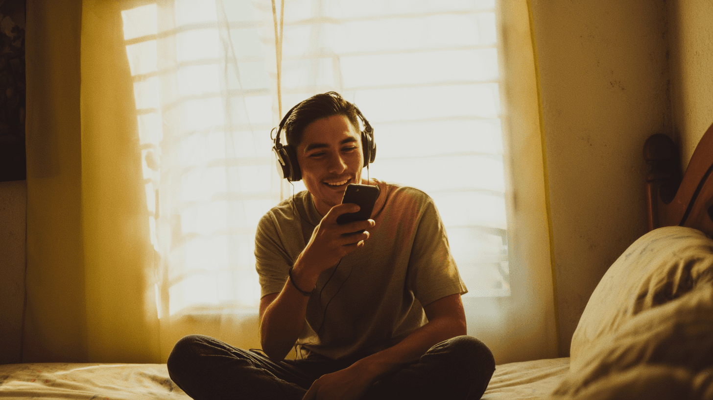 Man sitting cross-legged on a bed, recording into his phone with headphones on