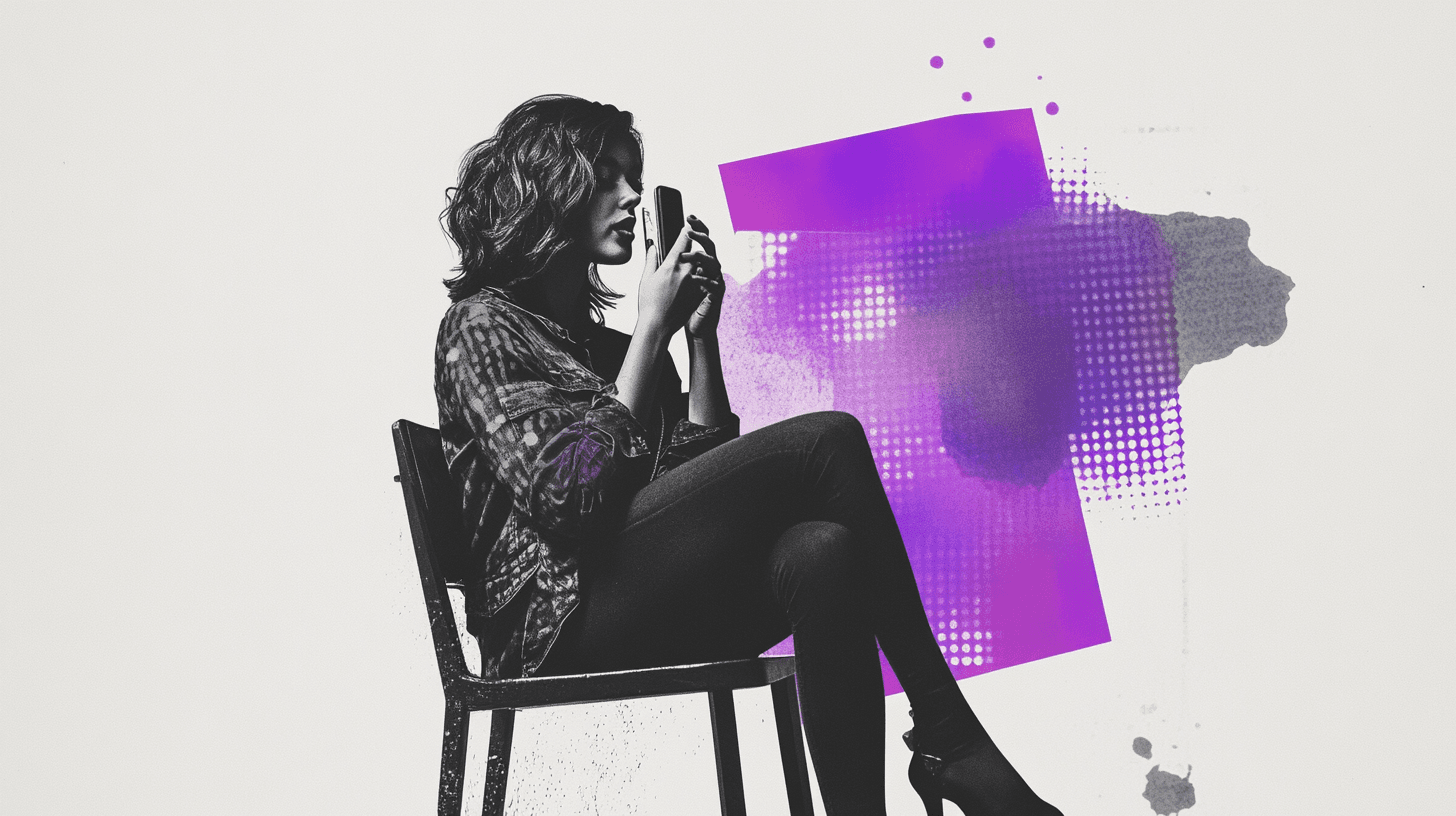 Mixed-media collage of a woman sitting with a microphone